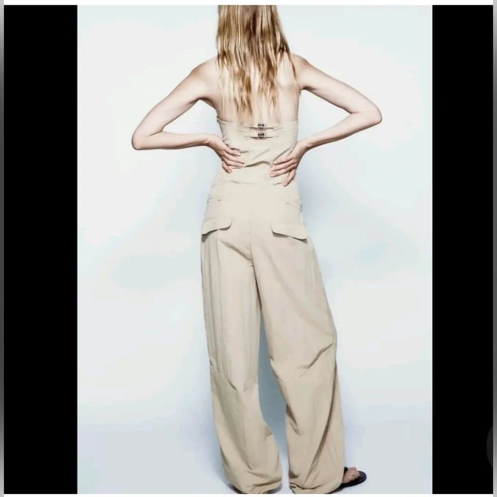 ZARA Khaki Tan Nylon Strapless Wide Leg Utility Jumpsuit NWT - Picture 4 of 11